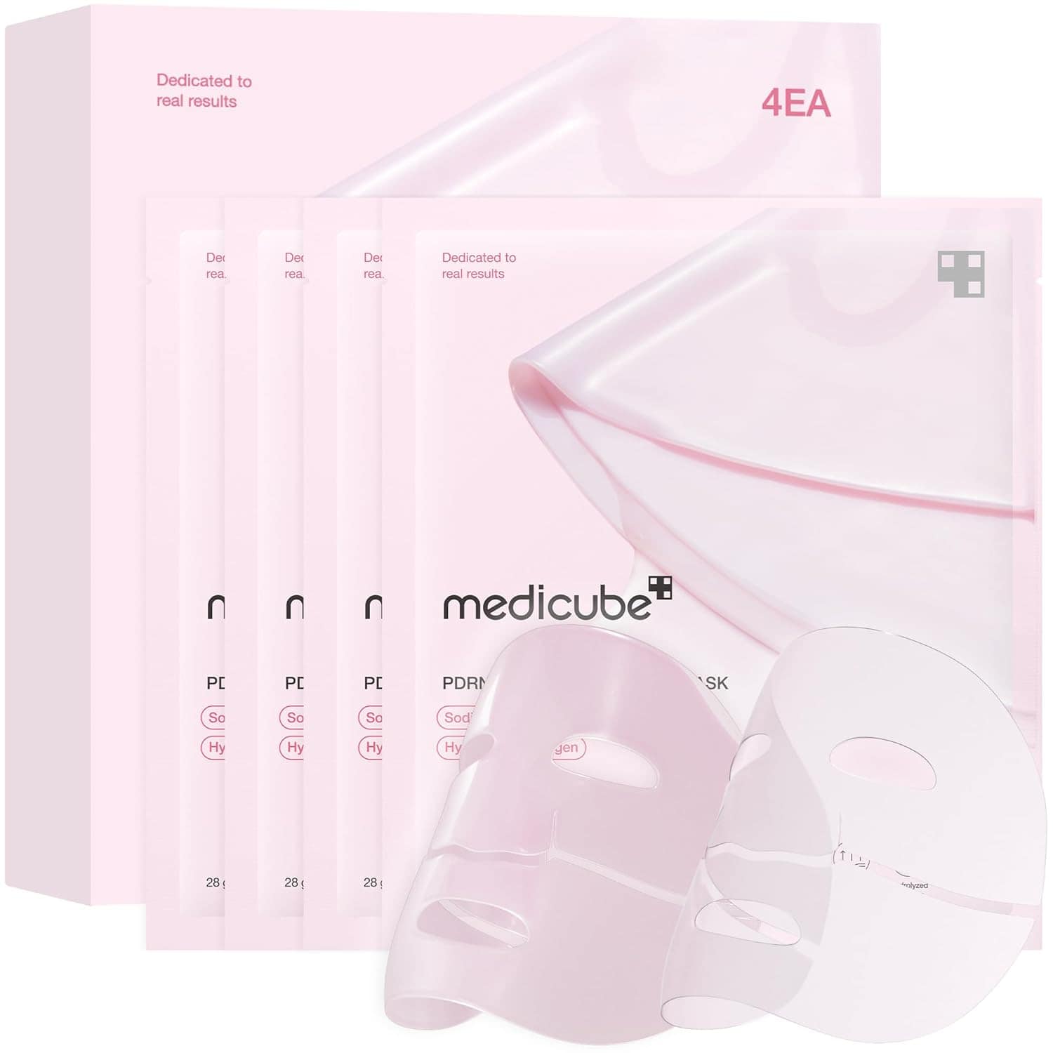 Four packets of Medicube PDRN Hydra Mask with two transparent sheet masks displayed in front; packaging is light pink with product branding visible.
