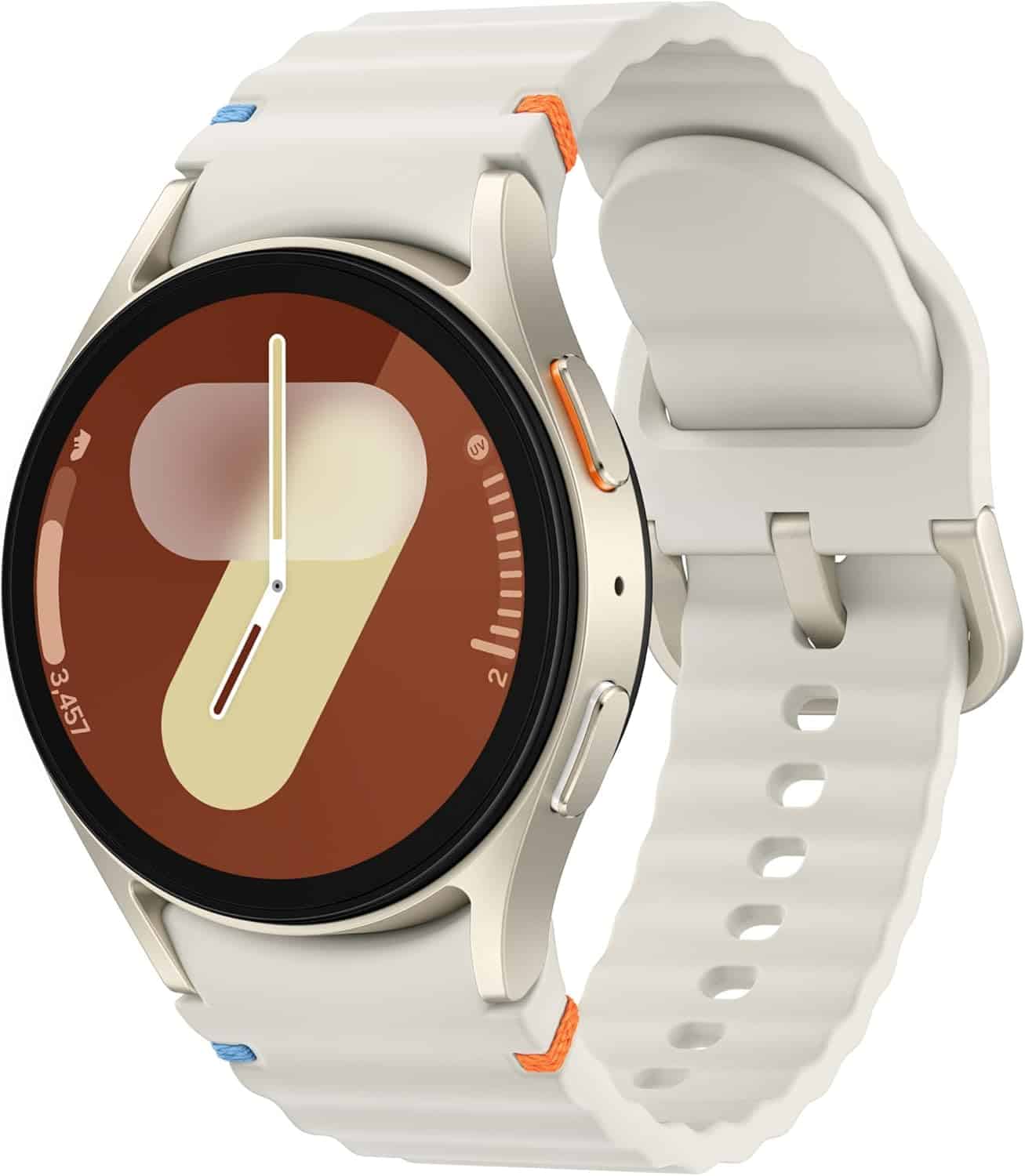 A beige smart watch with a round face displaying an abstract design, shown at an angle to highlight its textured strap and side buttons.