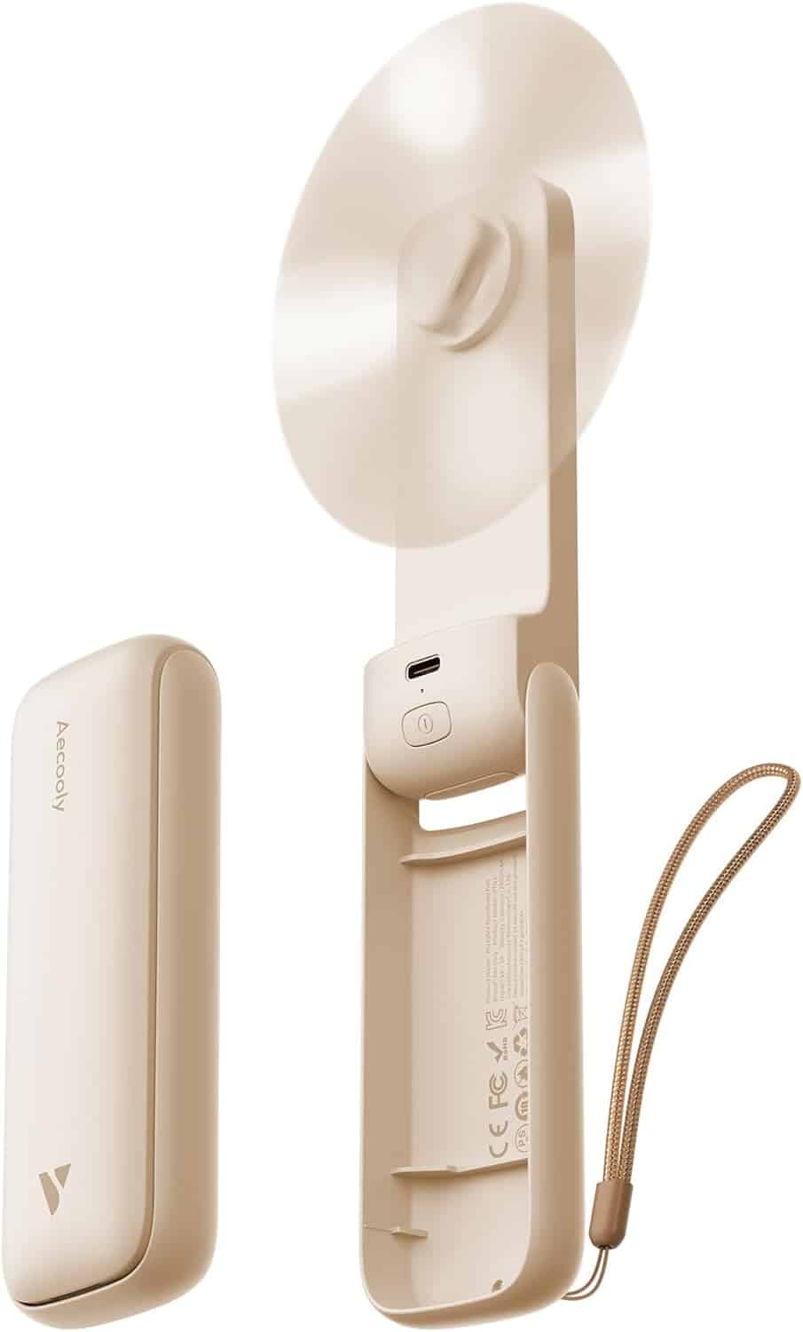 A beige portable handheld fan shown open with spinning blades and a wrist strap, and closed with the brand name "Aerooly" visible.