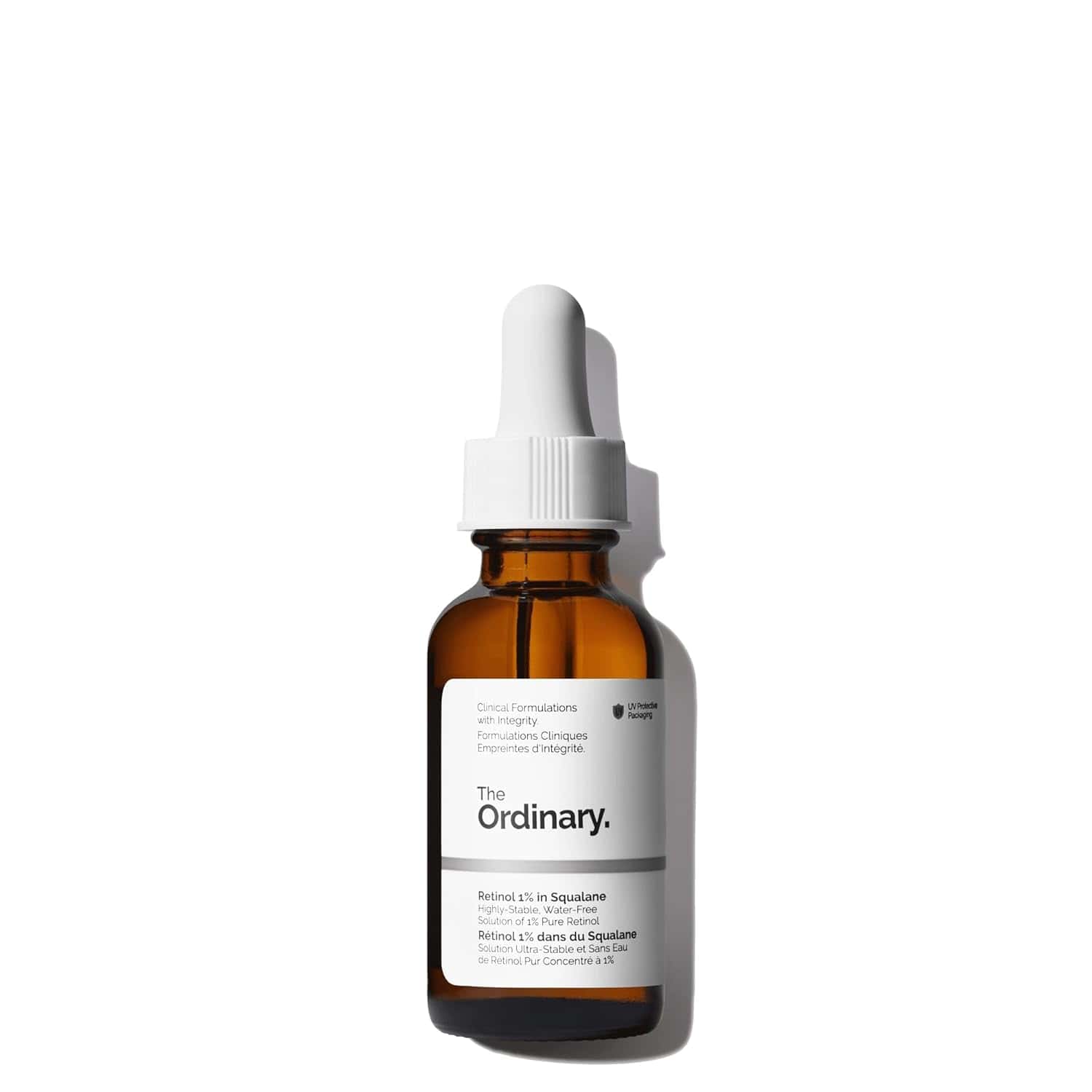 A bottle of The Ordinary Retinol 1% in Squalane serum is shown against a white background.