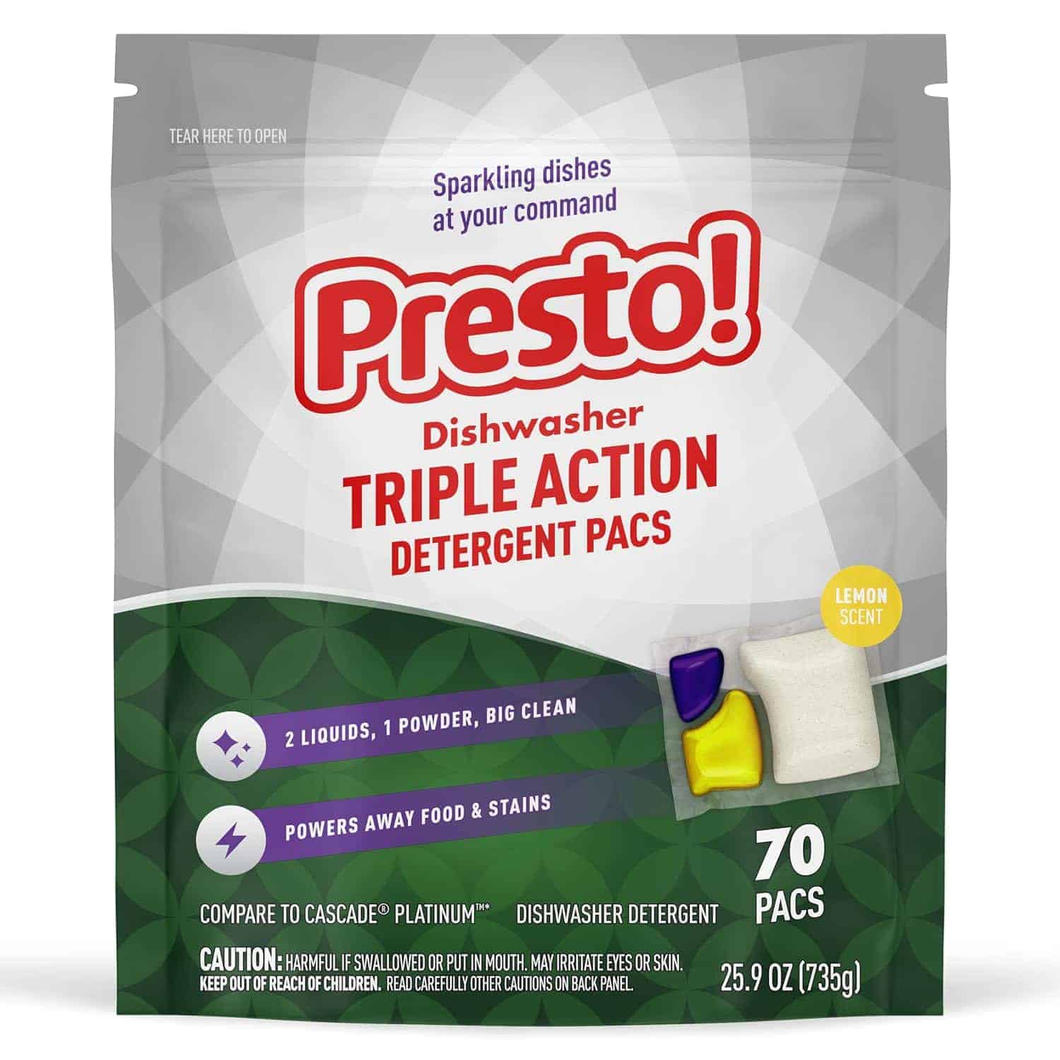 A sachet of Presto Triple Action Dishwasher Pacs.