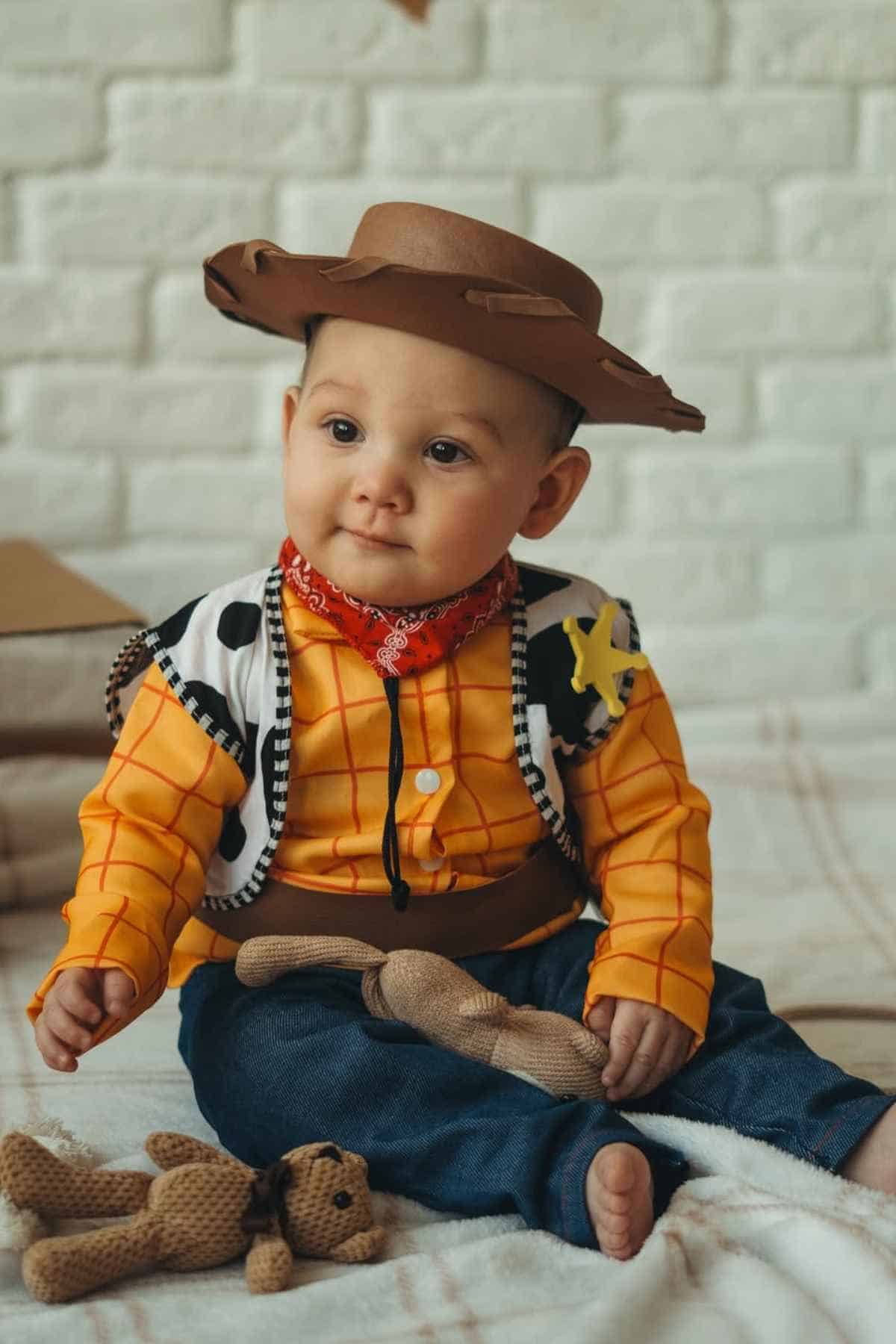 Baby dressed as woody with a hat, bandana, and sheriff badge, sitting on a blanket with a small stuffed toy nearby.