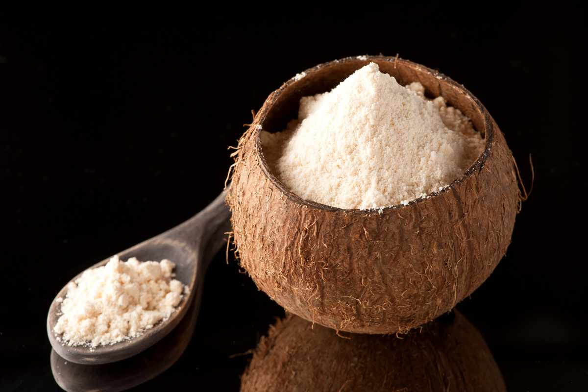 Coconut powder in a coconut shell.