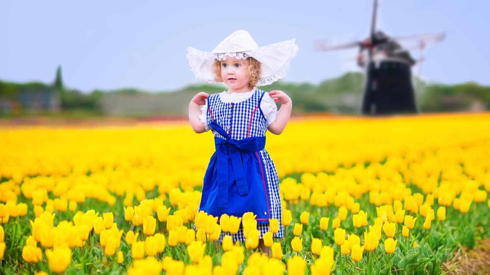 A young child in a blue checkered dress and white hat stands in a field of yellow tulips, with a windmill visible in the background.