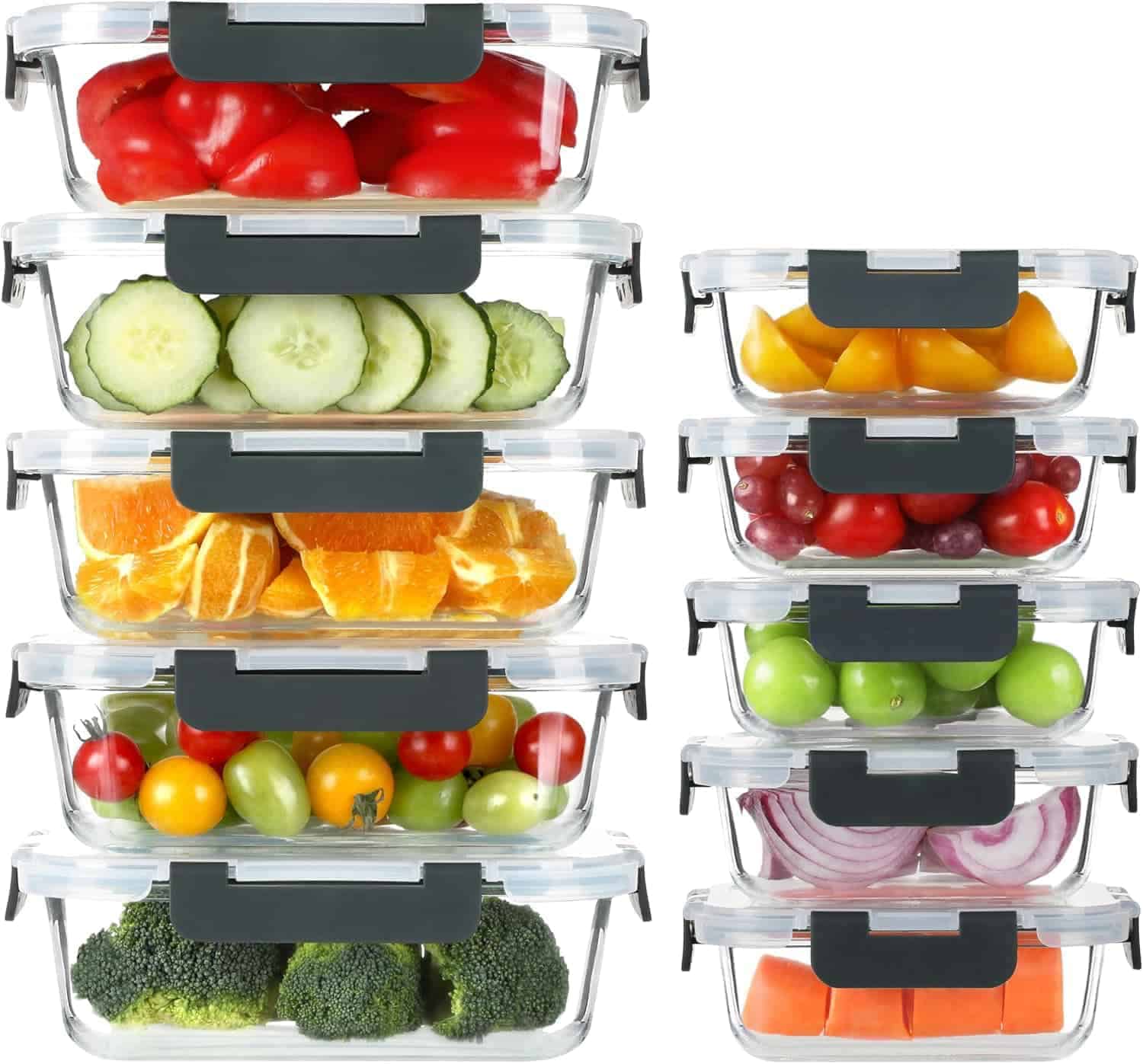 Nine clear plastic food storage containers filled with assorted fruits and vegetables, including tomatoes, cucumbers, oranges, grapes, apples, onions, broccoli, and carrots.