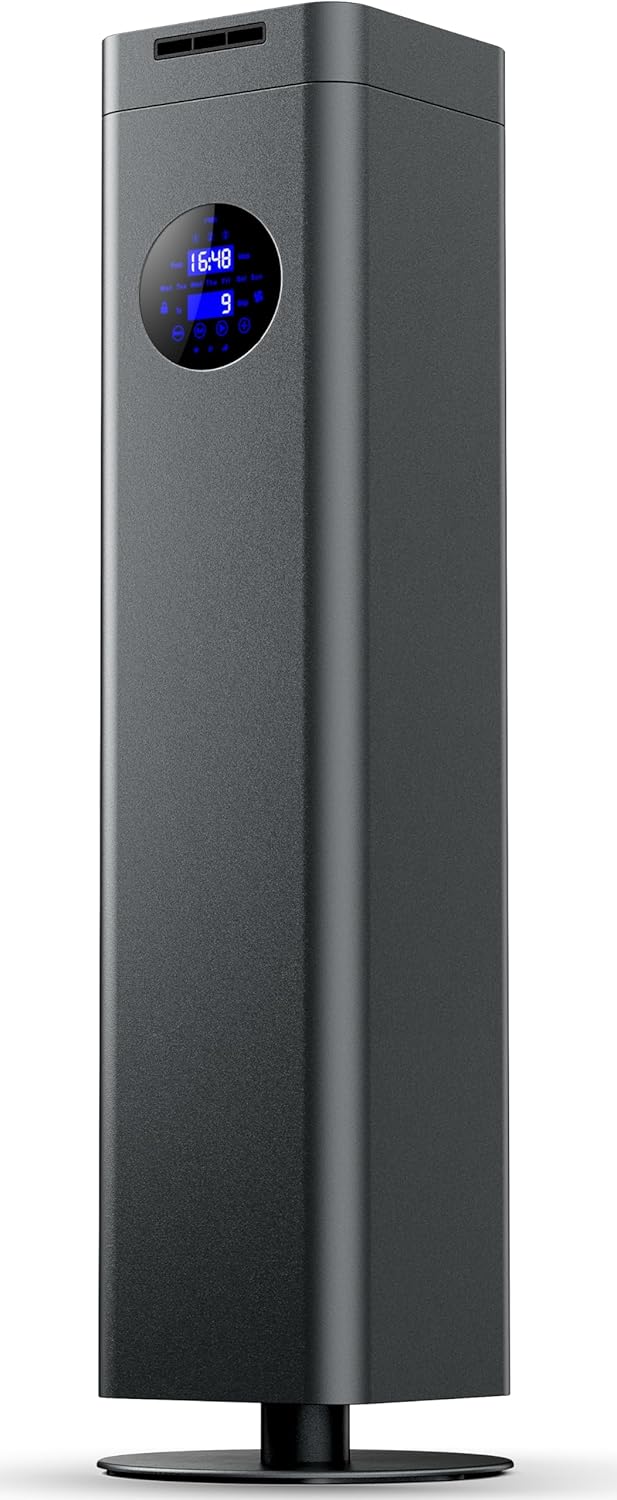 Tall, rectangular black electronic device with a circular blue digital display screen showing time and numbers on the front.
