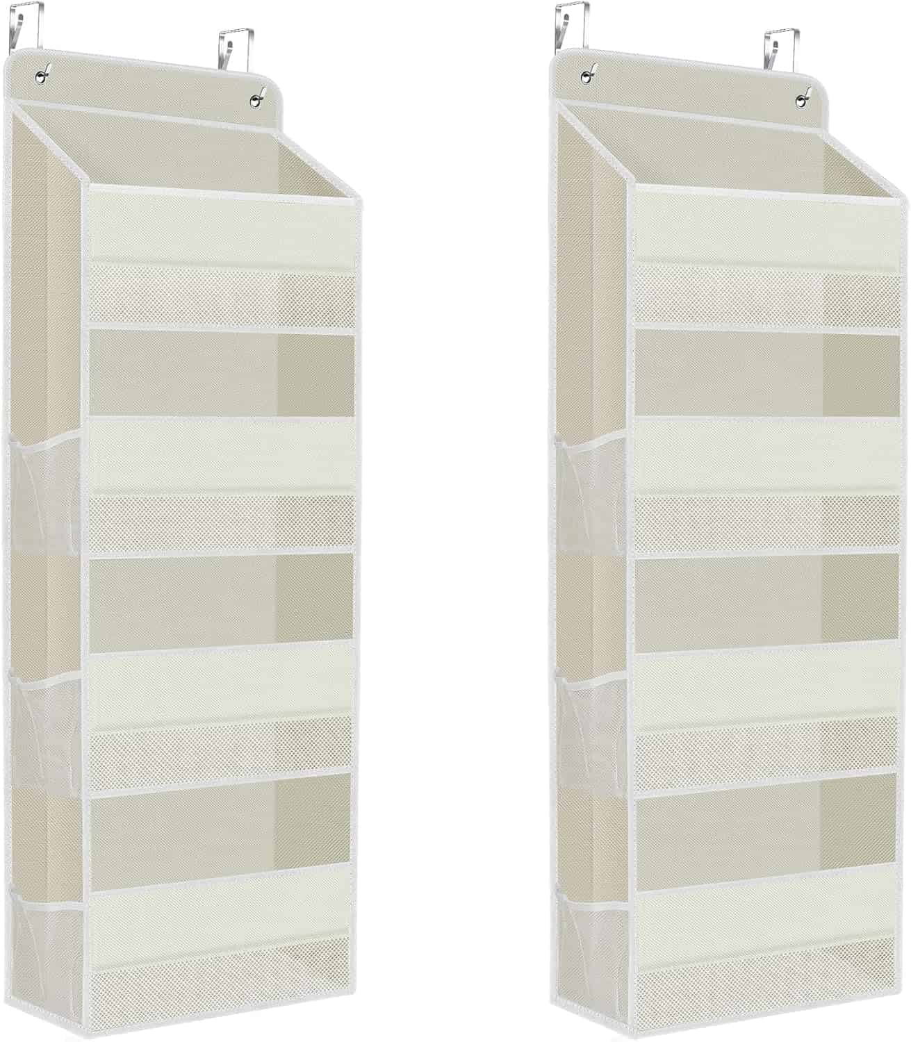 Two beige hanging organizers with four mesh pockets each, designed to hang over a door using metal hooks.