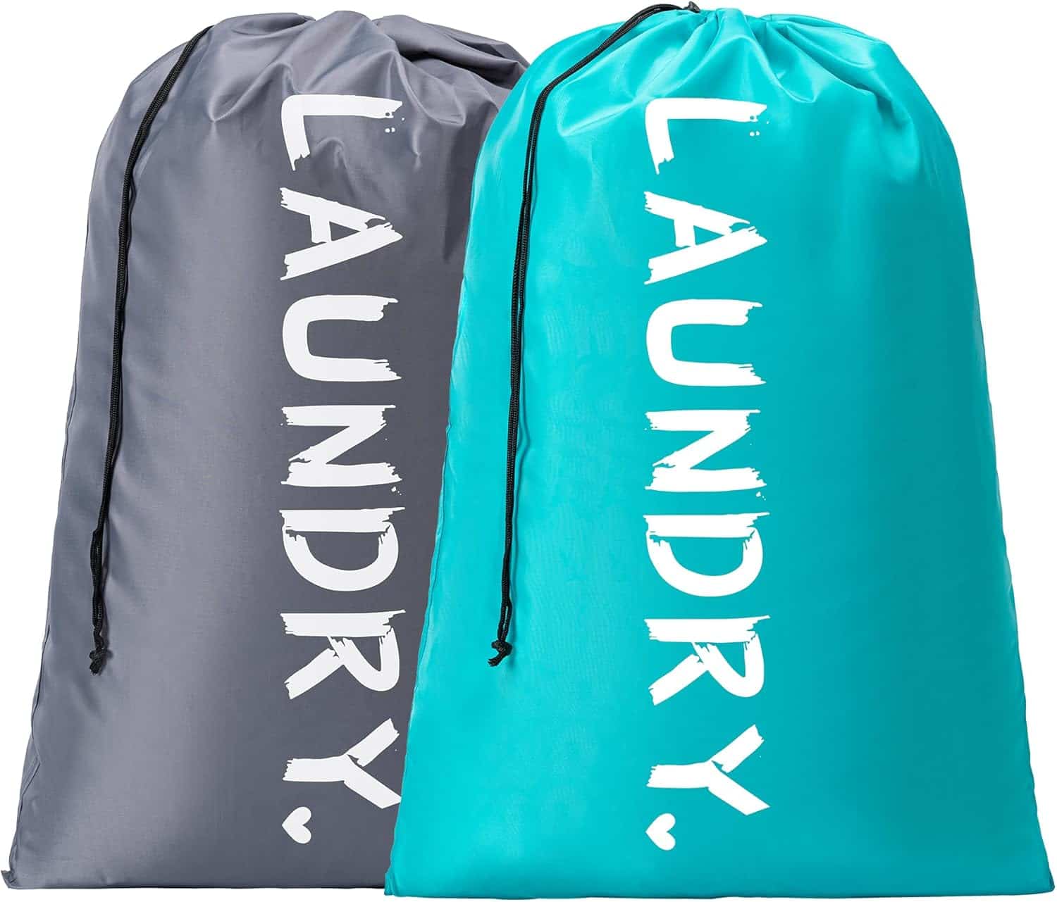Two drawstring laundry bags, one gray and one teal, each labeled "LAUNDRY" in large white letters, are standing upright side by side.