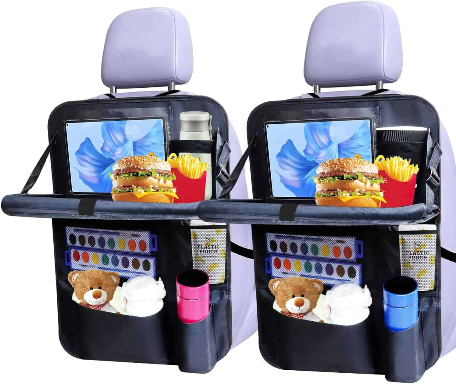 Two car seat organizers attached to the backs of front seats, holding tablets, fast food items, a water bottle, paints, a teddy bear, tissues, and plastic cups.