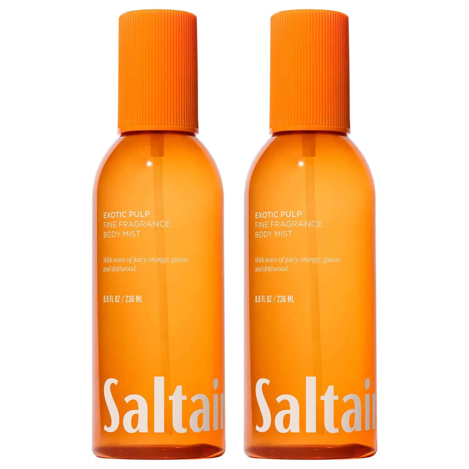 Two orange bottles of Saltair Exotic Pulp Fine Fragrance Body Mist, each 8 fl oz (236 ml), standing side by side against a white background.