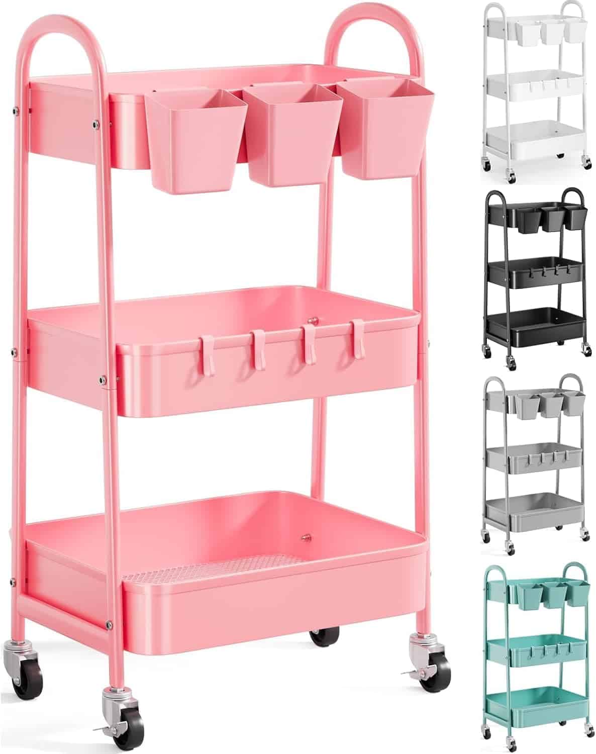 A three-tier rolling utility cart with removable containers, shown in pink in the main image, and in white, black, gray, and teal color options on the right.
