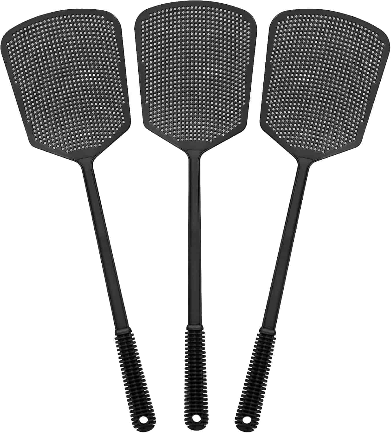Three black plastic fly swatters with textured handles are lined up side by side against a white background.