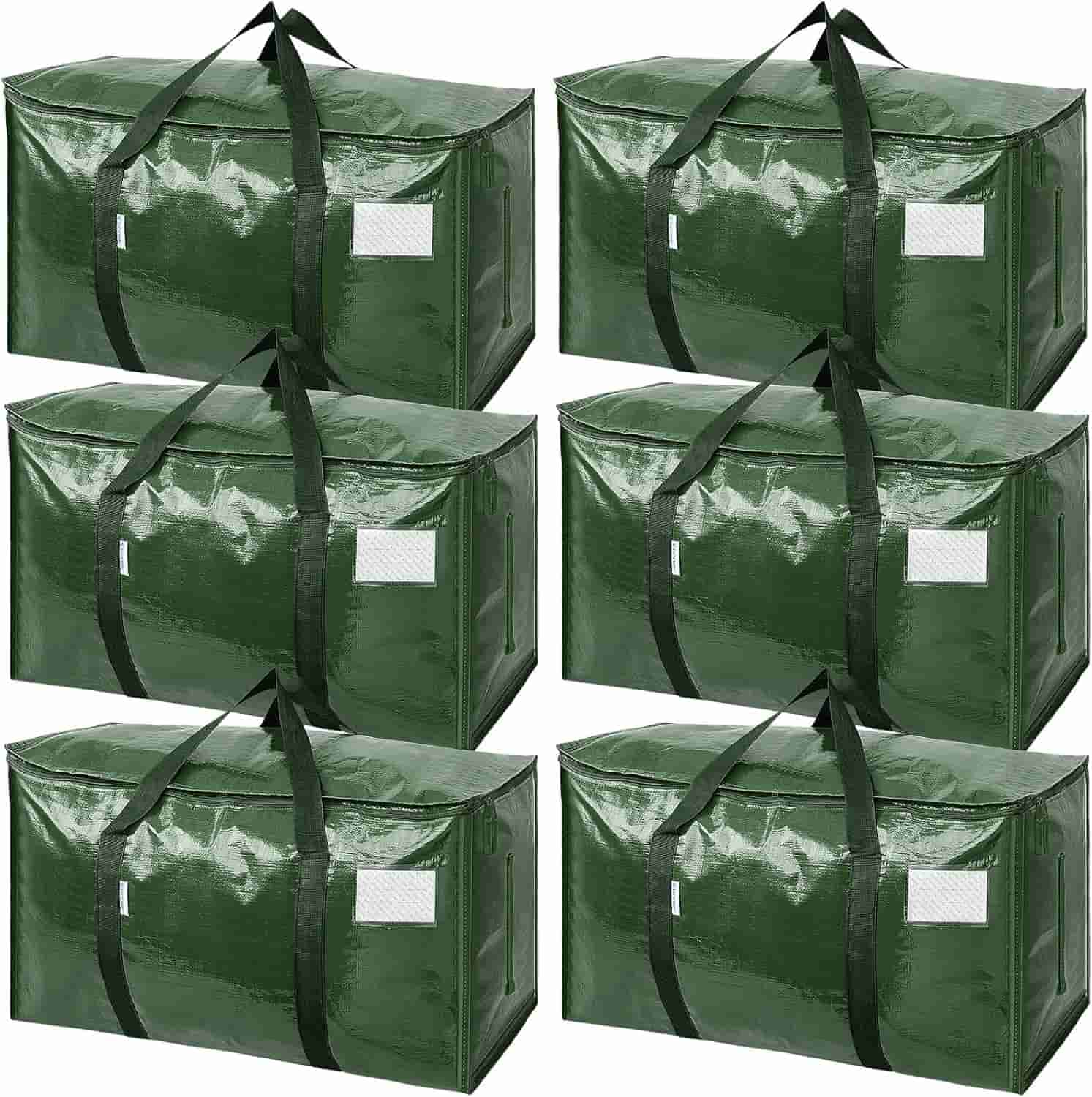 Six green rectangular storage bags with black handles are arranged in two rows of three against a white background.