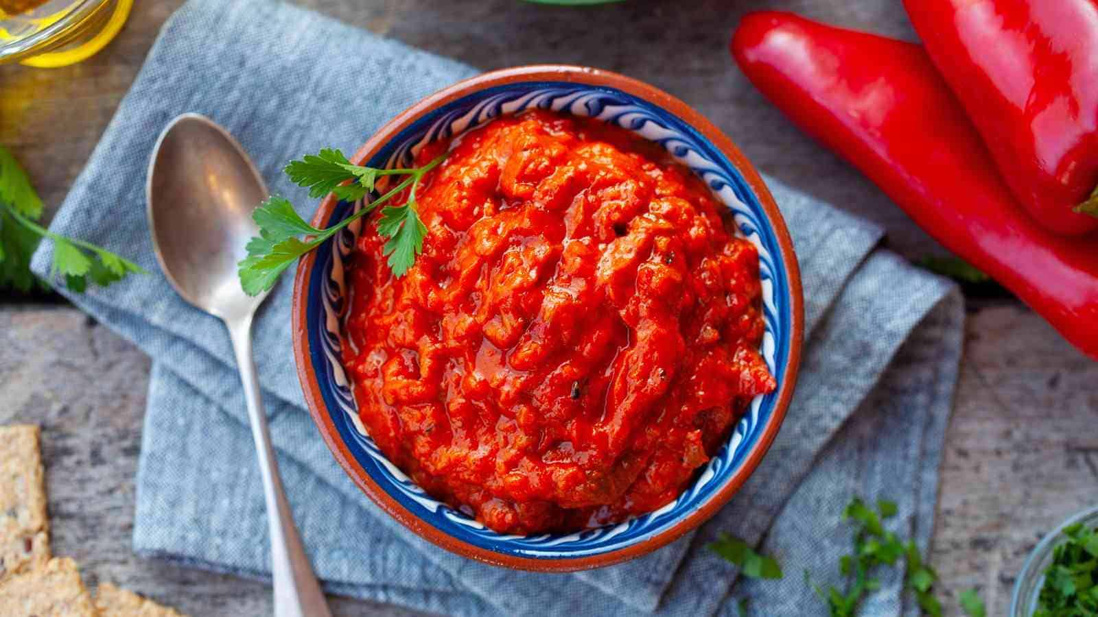 A bowl of ajvar garnished with parsley sits on a blue napkin next to a spoon, red peppers, and herbs on a wooden surface.