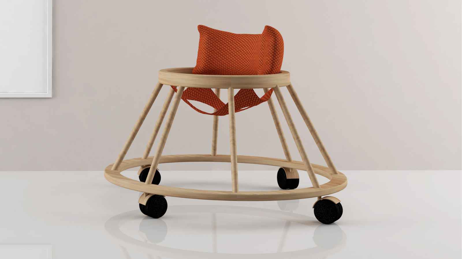 A round wooden chair with four angled legs on wheels, featuring a red textured cushion on the seat.