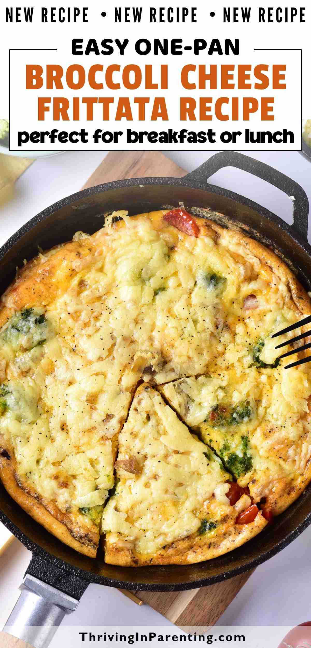 Pin image of broccoli cheese frittata recipe blog post.