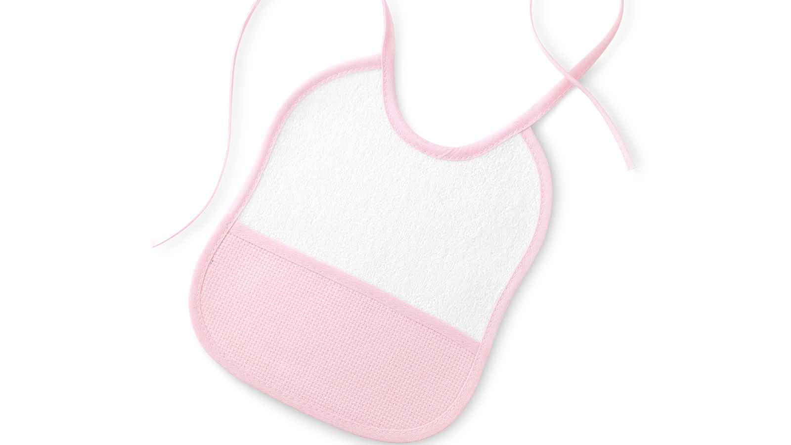 A white baby bib with a pink trim and ties, featuring a textured pink pocket at the bottom.
