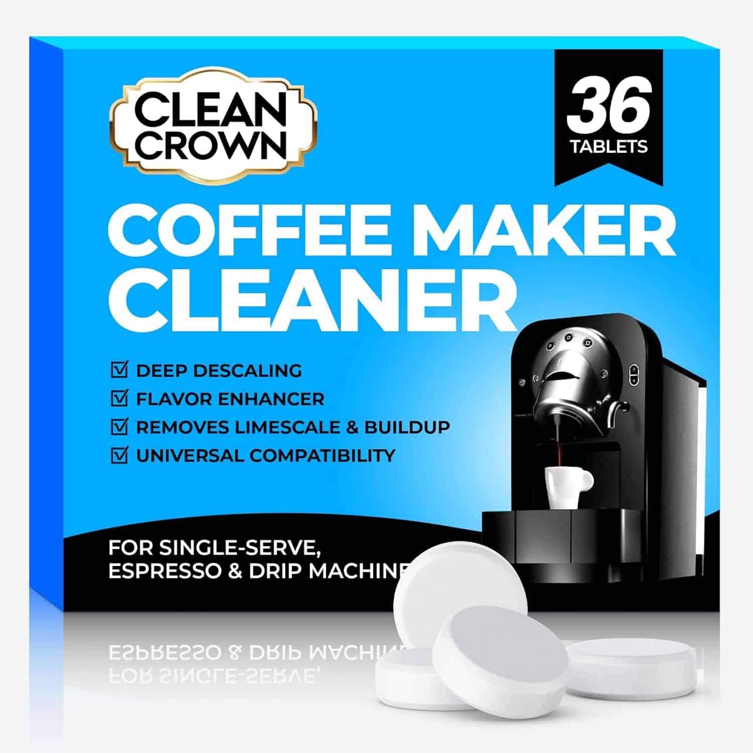 Box of Clean Crown Coffee Maker Cleaner, showing 36 tablets, product benefits, and compatibility with single-serve, espresso, and drip machines, with image of coffee maker and tablets.