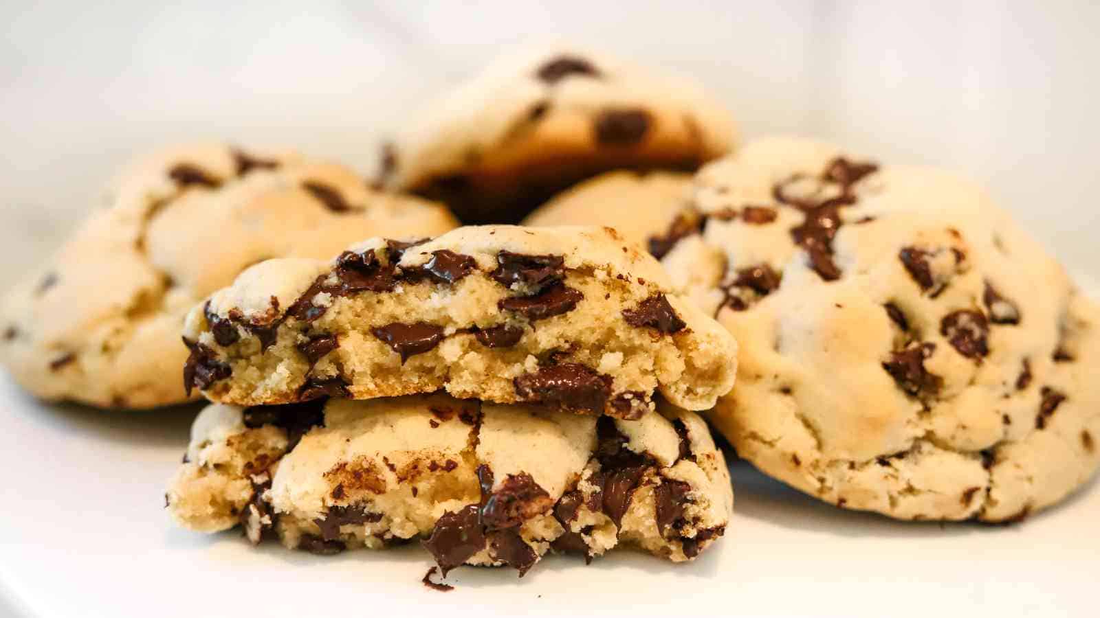 A close-up of several chocolate chip cookies, with one broken in half to show the chocolate chips inside, displayed on a white surface.