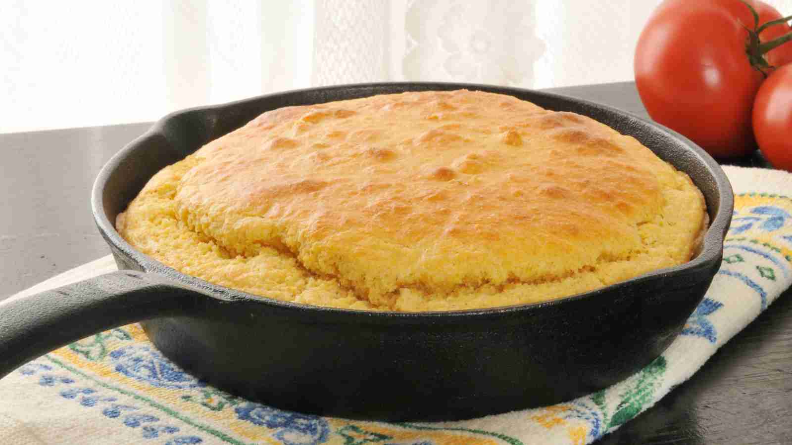 A golden-brown cornbread in a black cast iron skillet rests on a patterned cloth, with two tomatoes in the background.