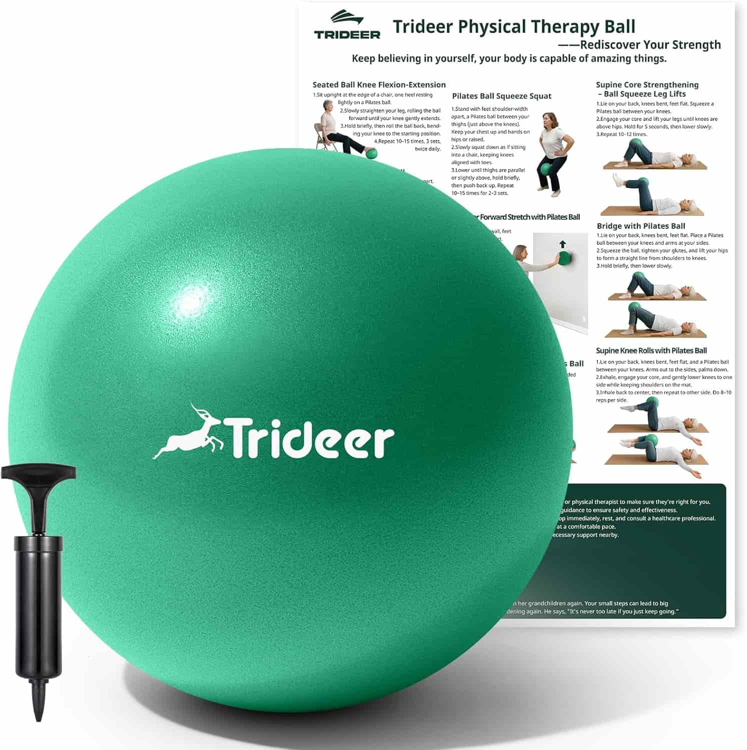 A green Trideer physical therapy ball with a hand pump, placed in front of an exercise instruction guide.