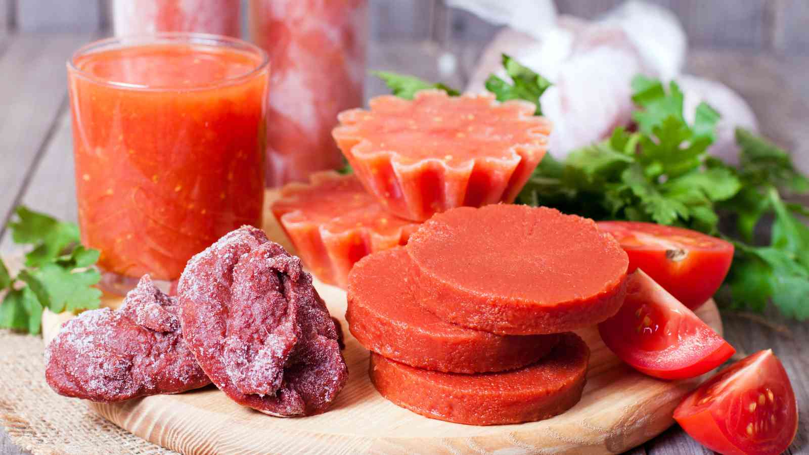 Various forms of processed tomatoes are displayed, including frozen, sliced, pureed, and tomato paste, alongside fresh tomato pieces and herbs on a wooden surface.