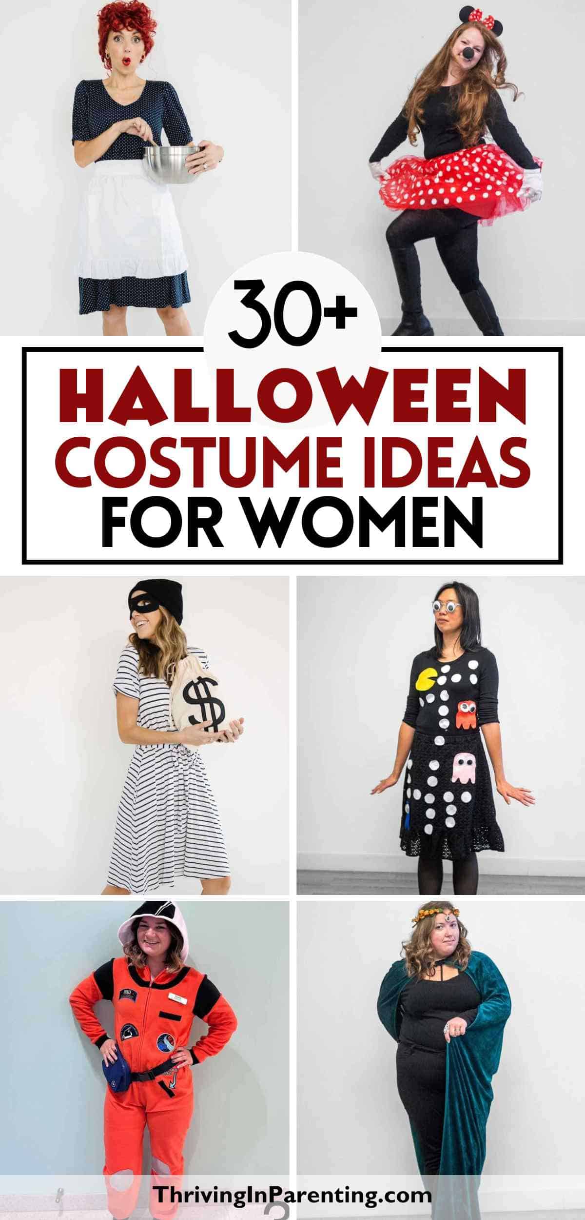 A collage of several Halloween costume ideas for women.