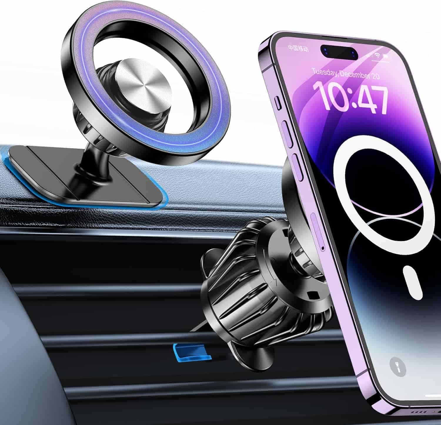 A magnetic car phone mount holds a smartphone on a car dashboard, with another mount attached to an air vent.