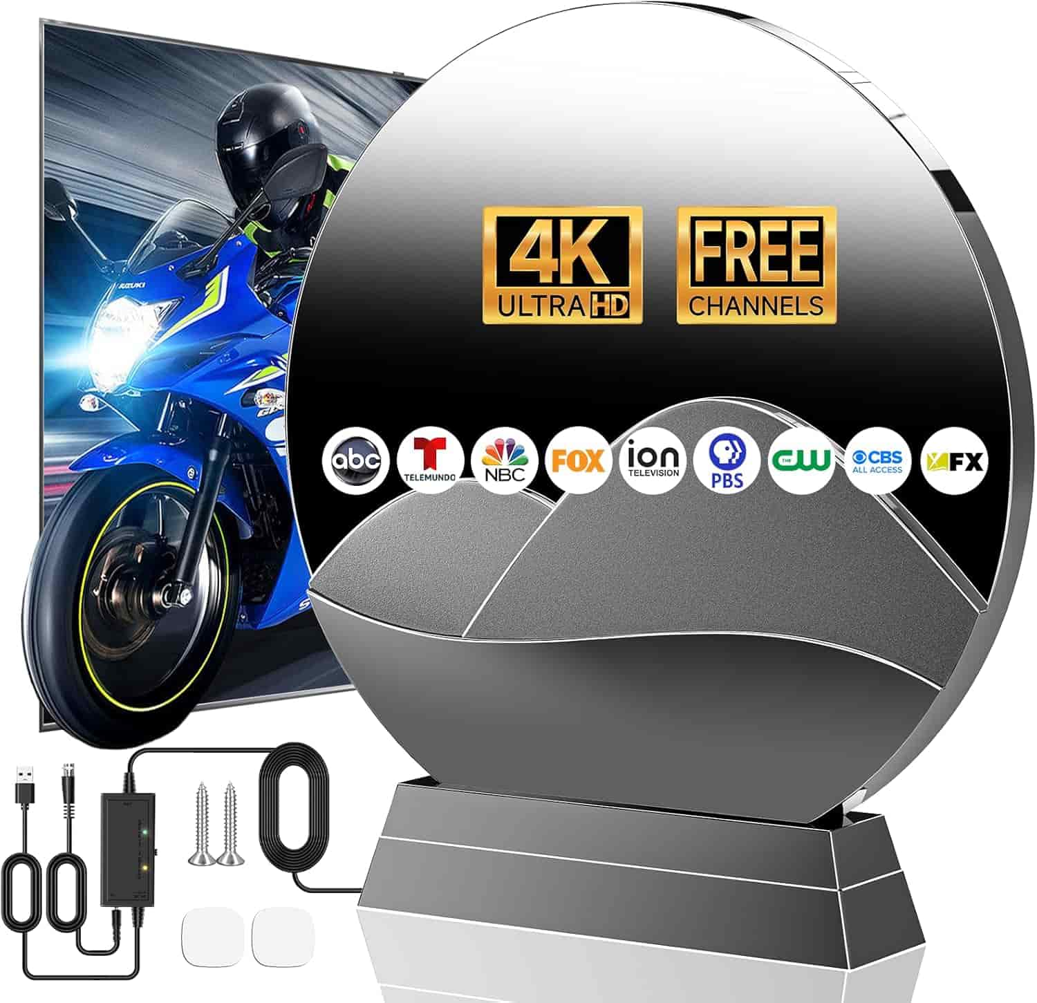 A 4K Ultra HD TV antenna with accessories, showing free channel logos including ABC, NBC, FOX, CBS, and PBS, next to a TV displaying a motorcyclist.