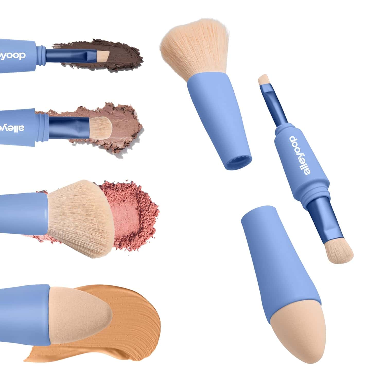 A set of blue-handled multipurpose makeup brushes and sponge applicators, shown with various cream and powder cosmetics on a white background.