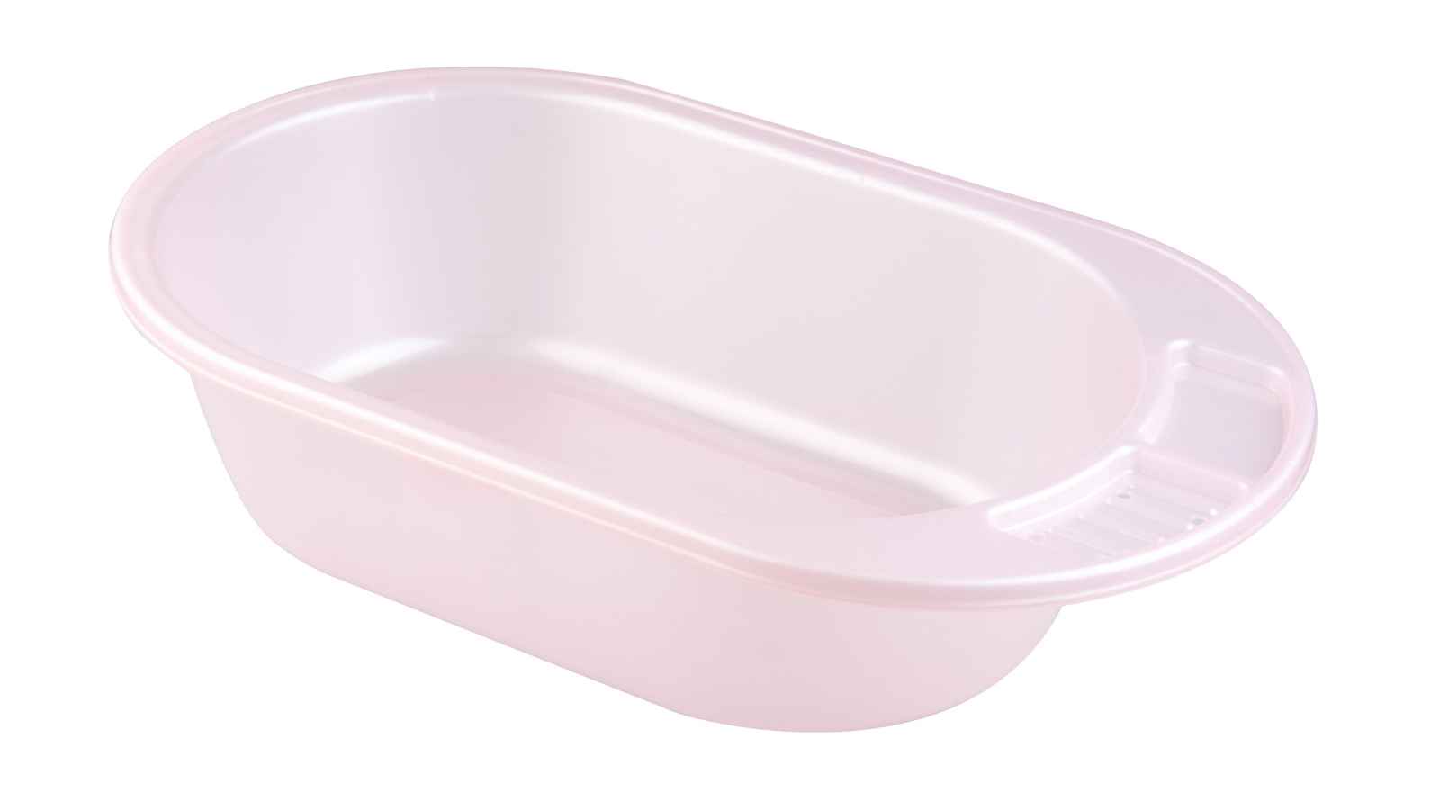 A translucent pink plastic wash basin with an oval shape and a small built-in soap holder on one side, shown against a white background.