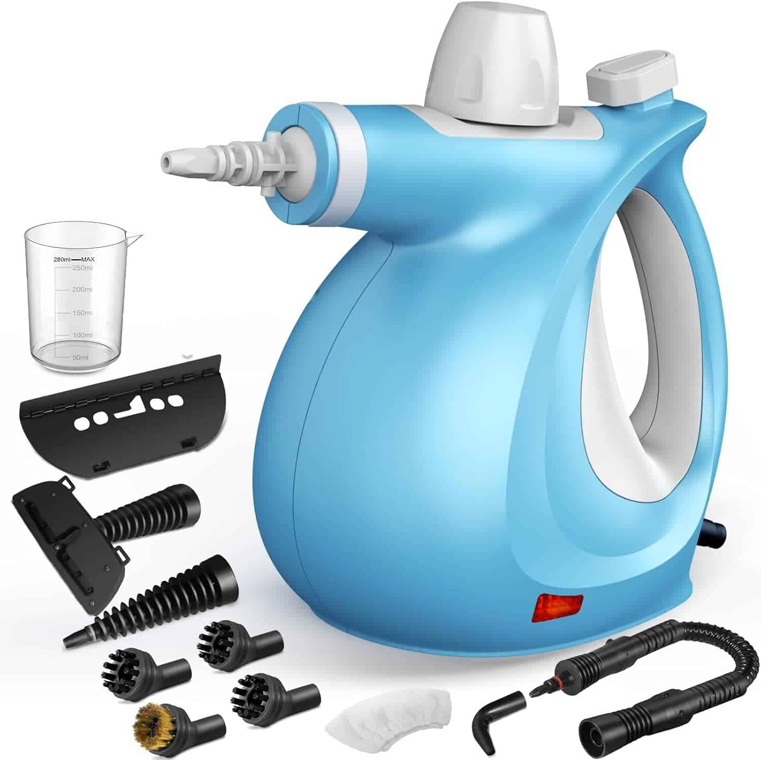 A blue handheld steam cleaner with a white handle, shown with various detachable cleaning attachments, brushes, a measuring cup, and nozzles arranged around it.