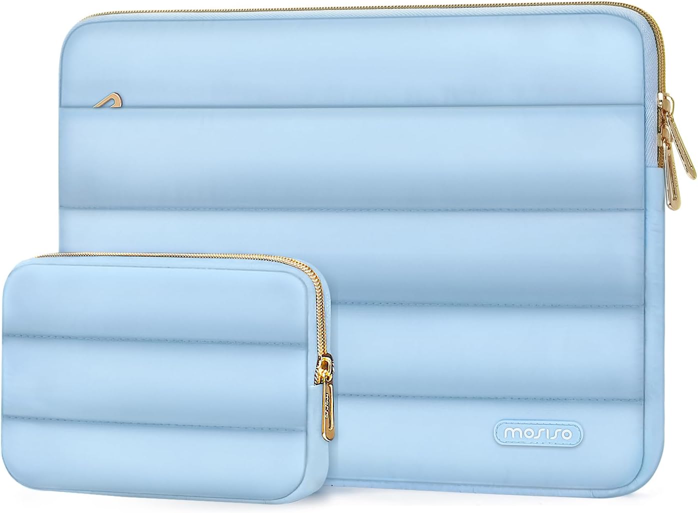 Light blue padded laptop sleeve and matching accessory pouch, both with gold zippers. The brand name "MOSISO" is visible on the larger sleeve.