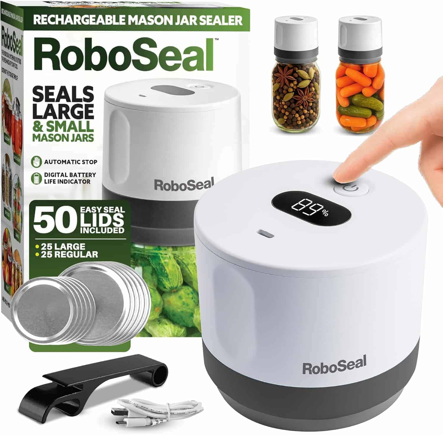 Rechargeable RoboSeal mason jar sealer kit with main device, lids, USB cable, handle, and jars filled with spices and vegetables; digital display shows 89%.