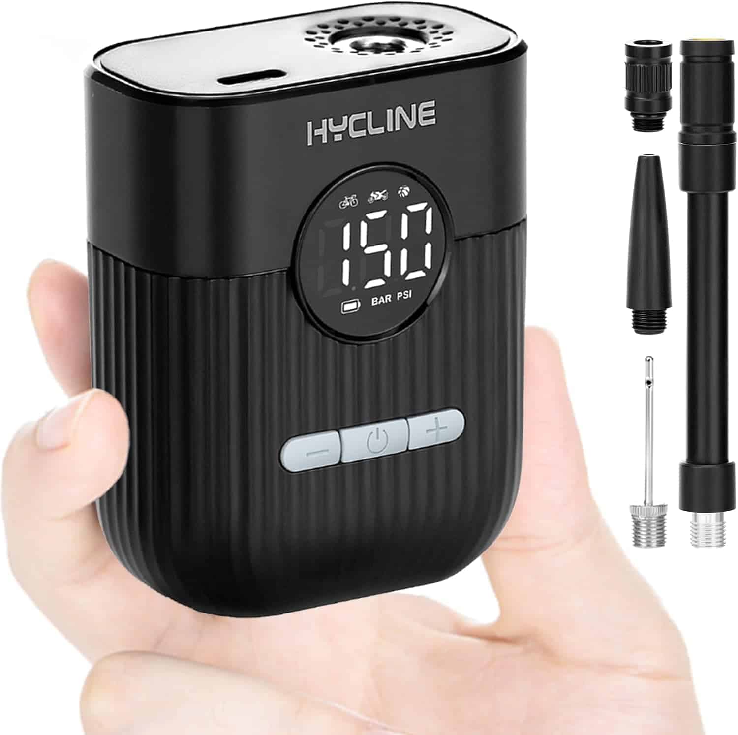A person holds a compact black HYCLINE portable air compressor with digital display, plus four nozzle attachments shown on the right.