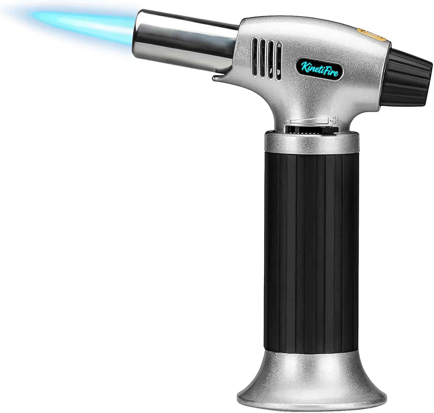 A handheld butane torch with a visible blue flame, featuring a silver and black body and labeled “KnektFire.”.
