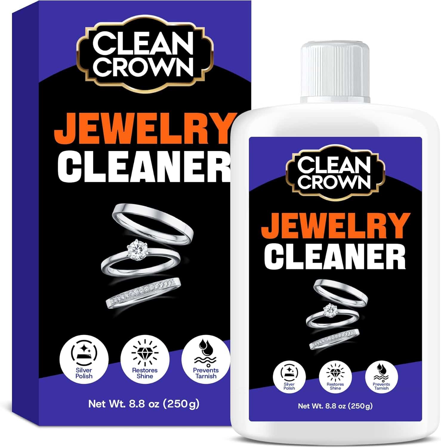A box and bottle of Clean Crown Jewelry Cleaner, featuring images of rings and icons for silver polish, restores shine, prevents tarnish, net weight 8.8 oz (250g).