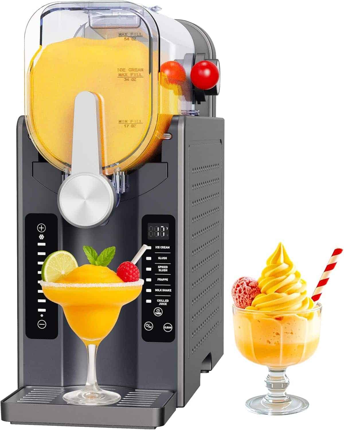 A frozen drink and dessert maker dispensing a slushy beverage into a cocktail glass, with a finished dessert in a glass bowl beside the machine.