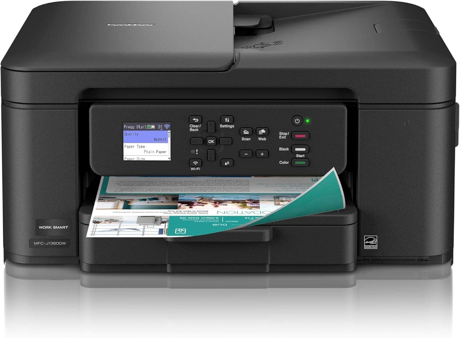 A black Brother all-in-one inkjet printer with control panel and display, printing a color document.