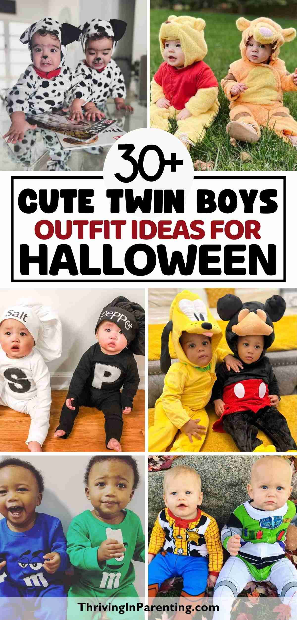 A collage of several twin boys costume ideas for Halloween.