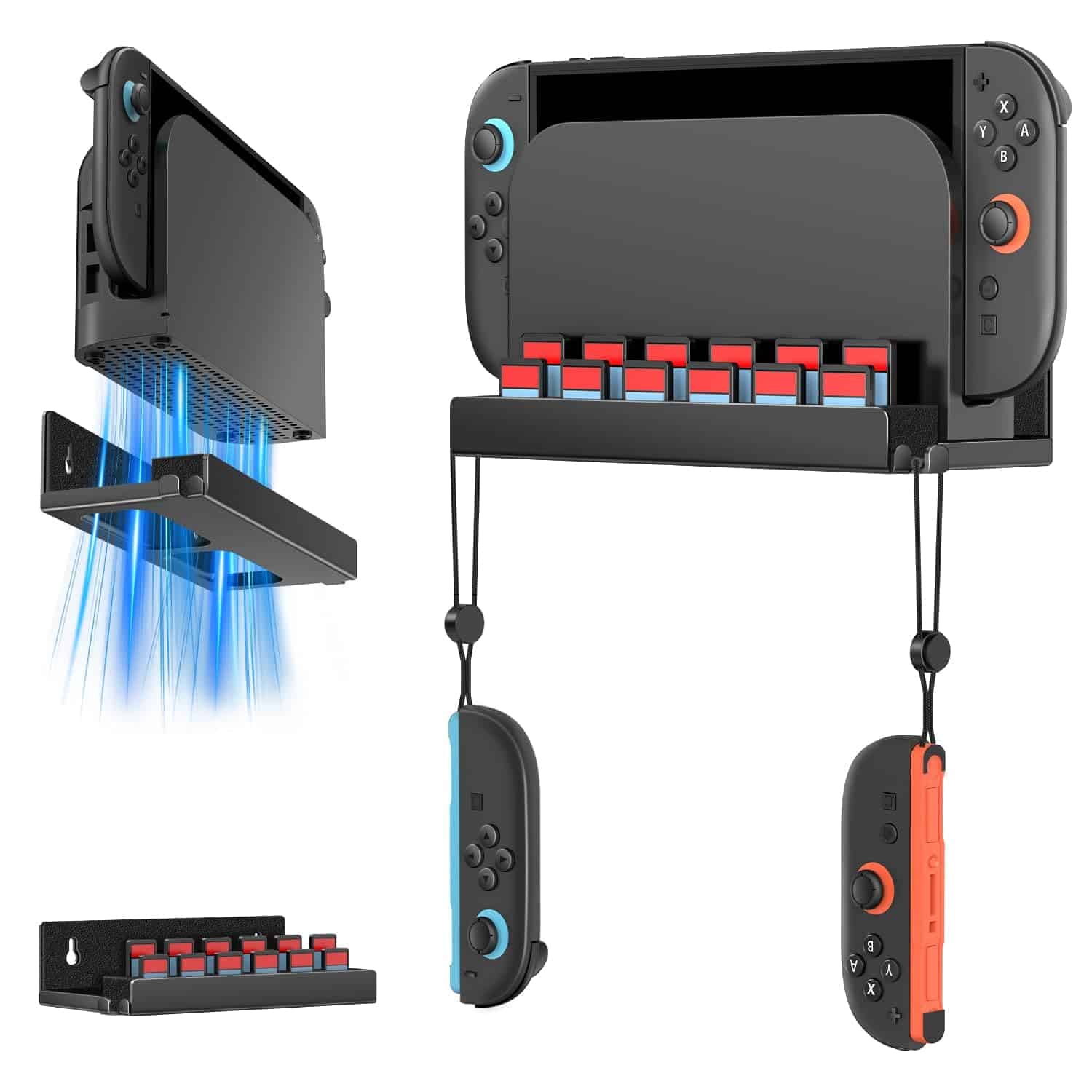 Wall-mounted Nintendo Switch holder with game card slots, storage hooks for Joy-Con controllers, and side venting for cooling airflow, shown with and without devices.