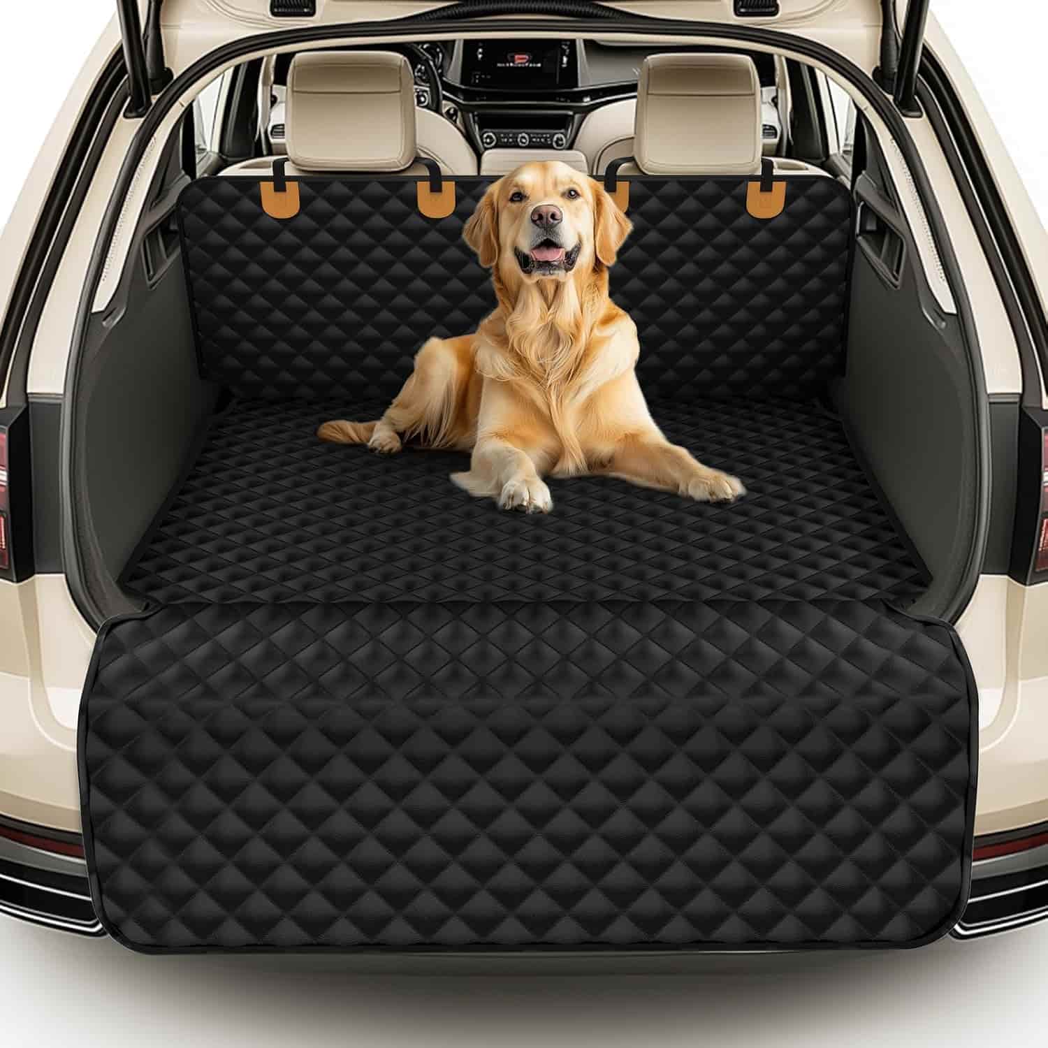 A golden retriever sits on a black quilted protective cover in the cargo area of an SUV with the rear hatch open.
