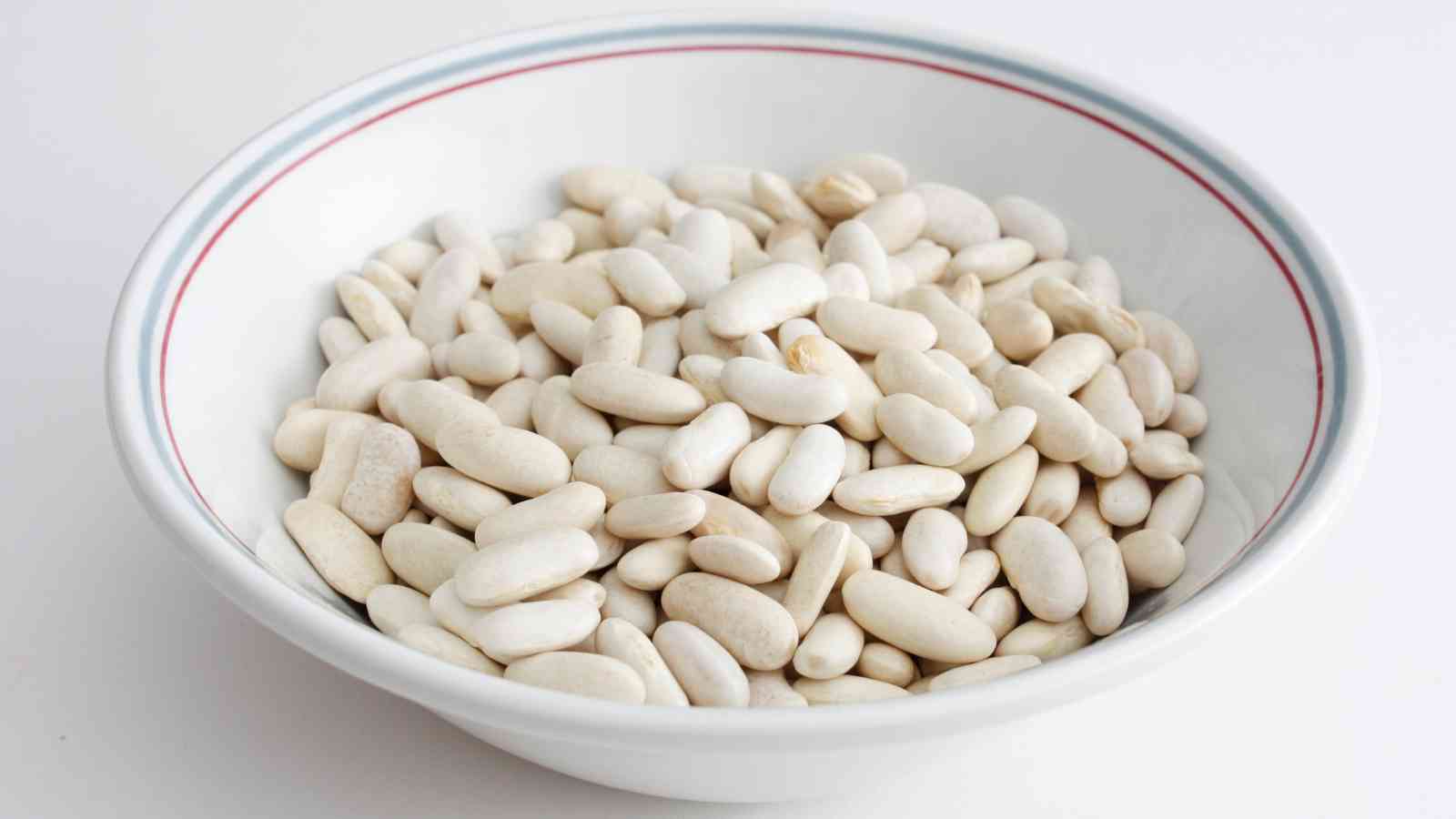 A white bowl filled with uncooked white beans, placed on a plain white background.