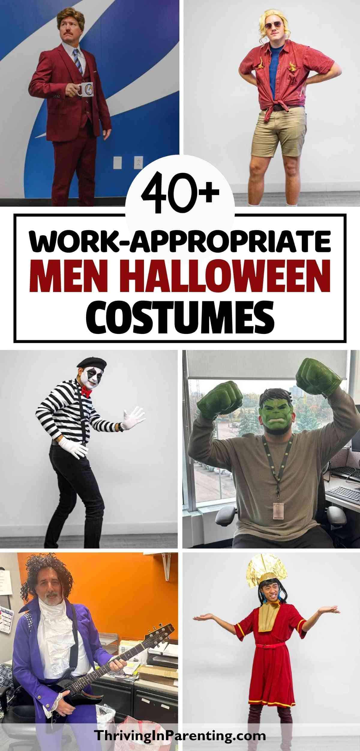 A collage of several men's Halloween costume ideas for work.