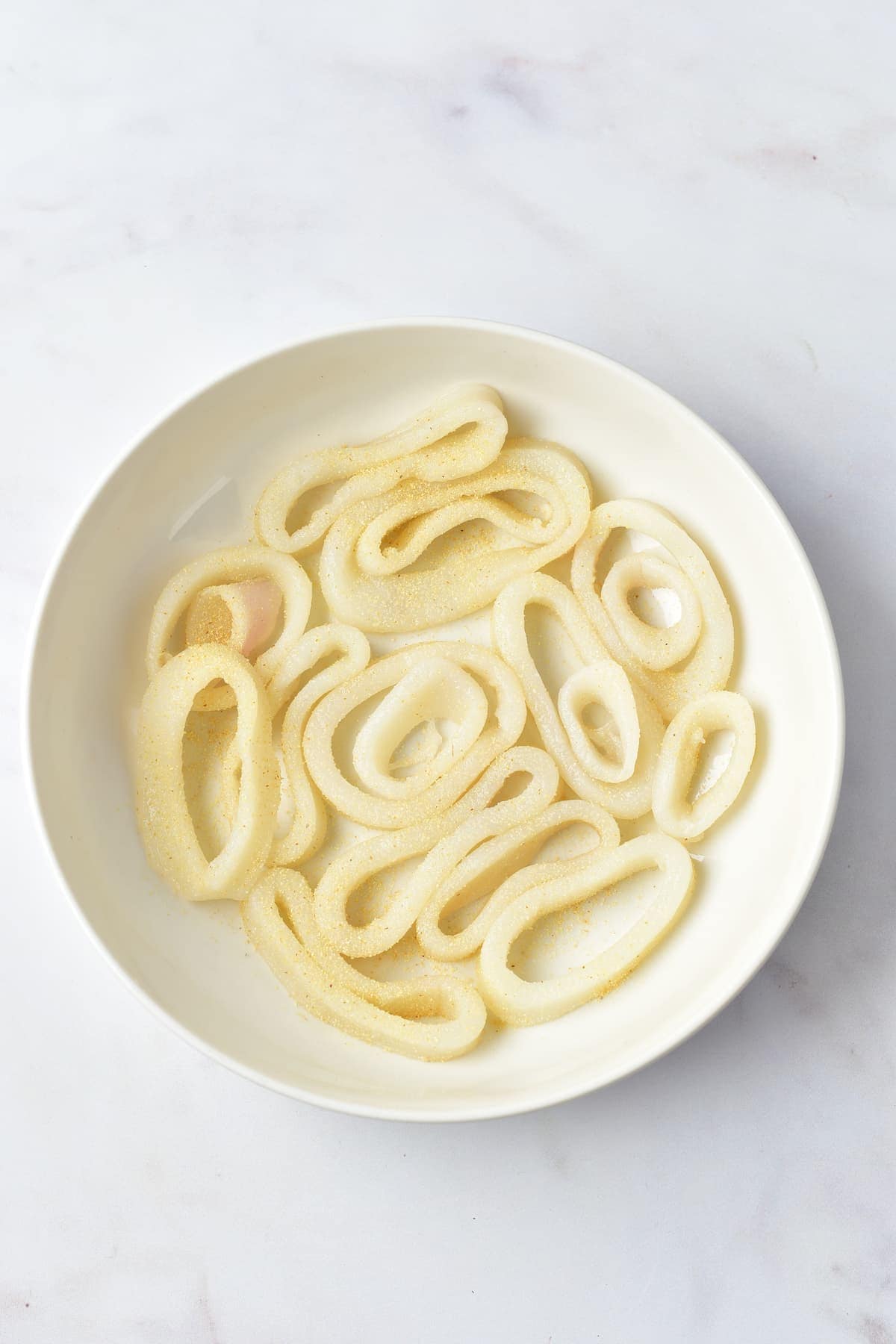 A bowl of calamari rings seasoned with salt and garlic powder.