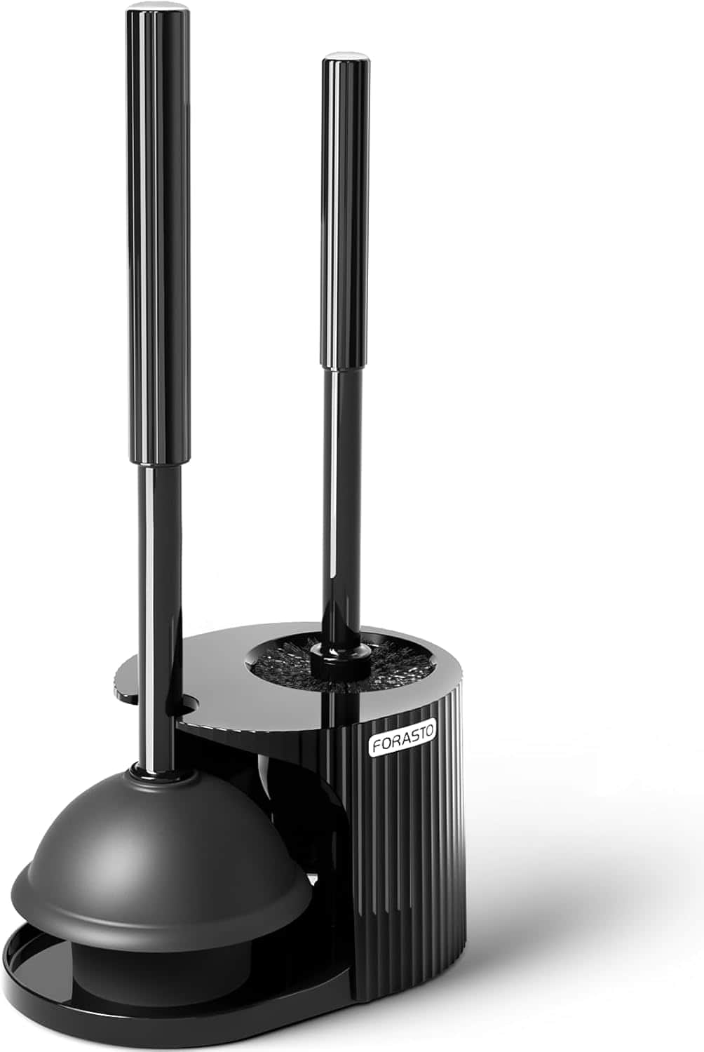 A black toilet brush and plunger set with upright handles, placed in a matching holder labeled "FORASTO" on a white background.
