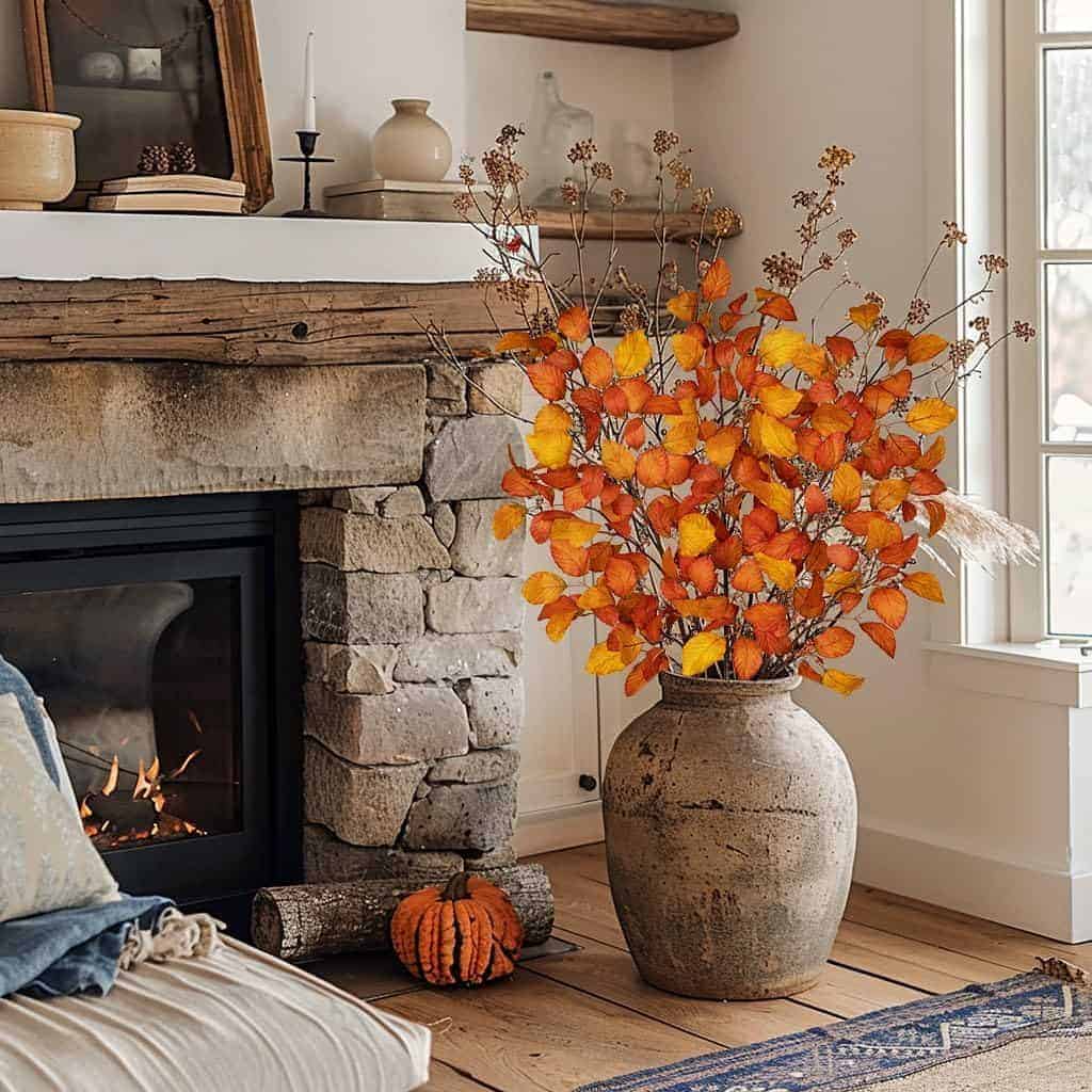 A large ceramic vase with orange and yellow autumn leaves sits on the floor near a stone fireplace, with a small pumpkin and logs nearby in a cozy living room.