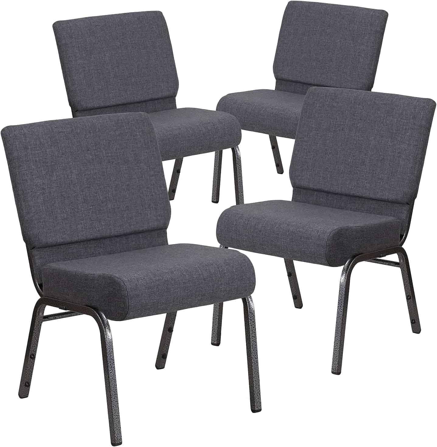 Four gray upholstered armless chairs with metal legs are arranged in a staggered formation against a white background.
