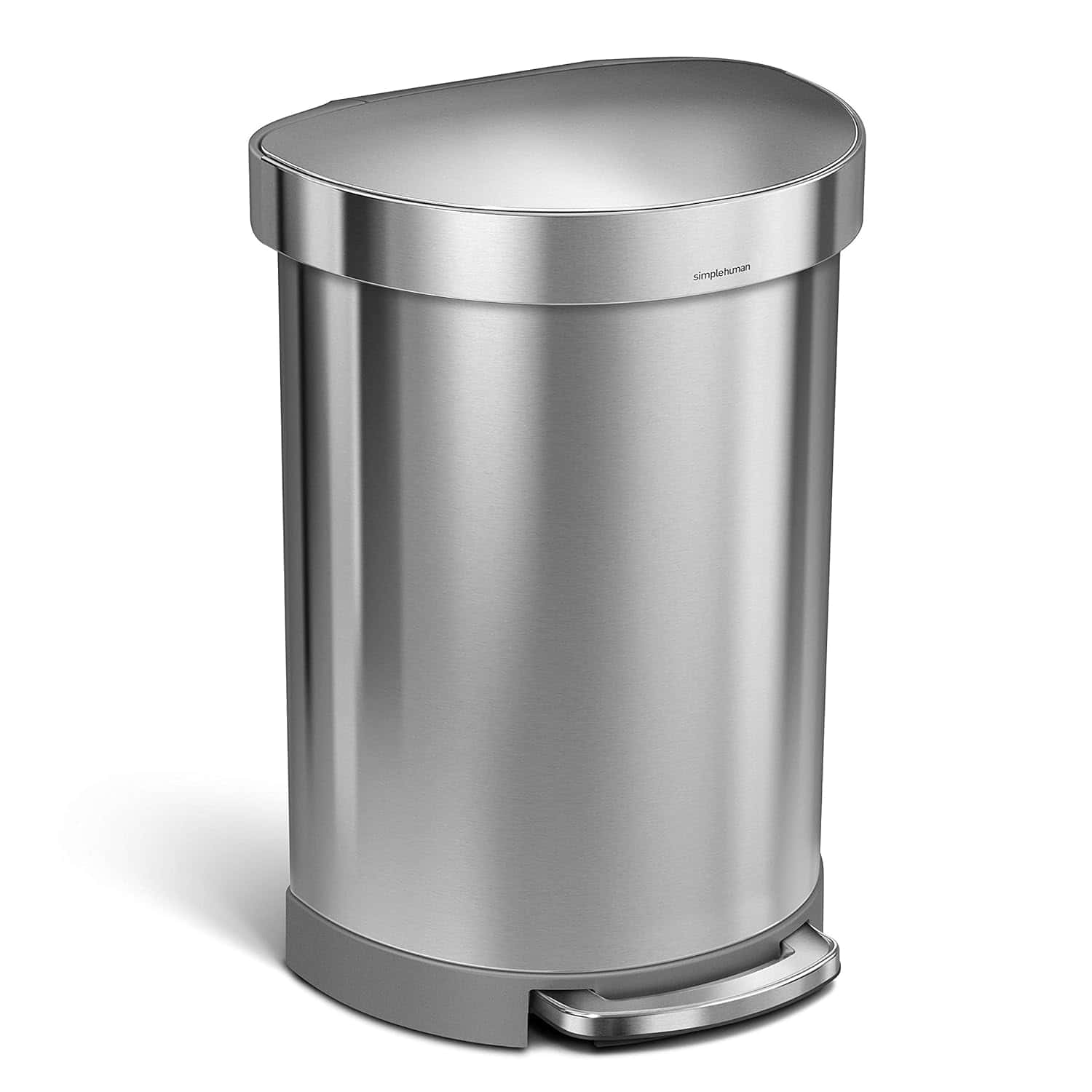 A stainless steel, oval-shaped step trash can with a closed lid and a foot pedal at the base.