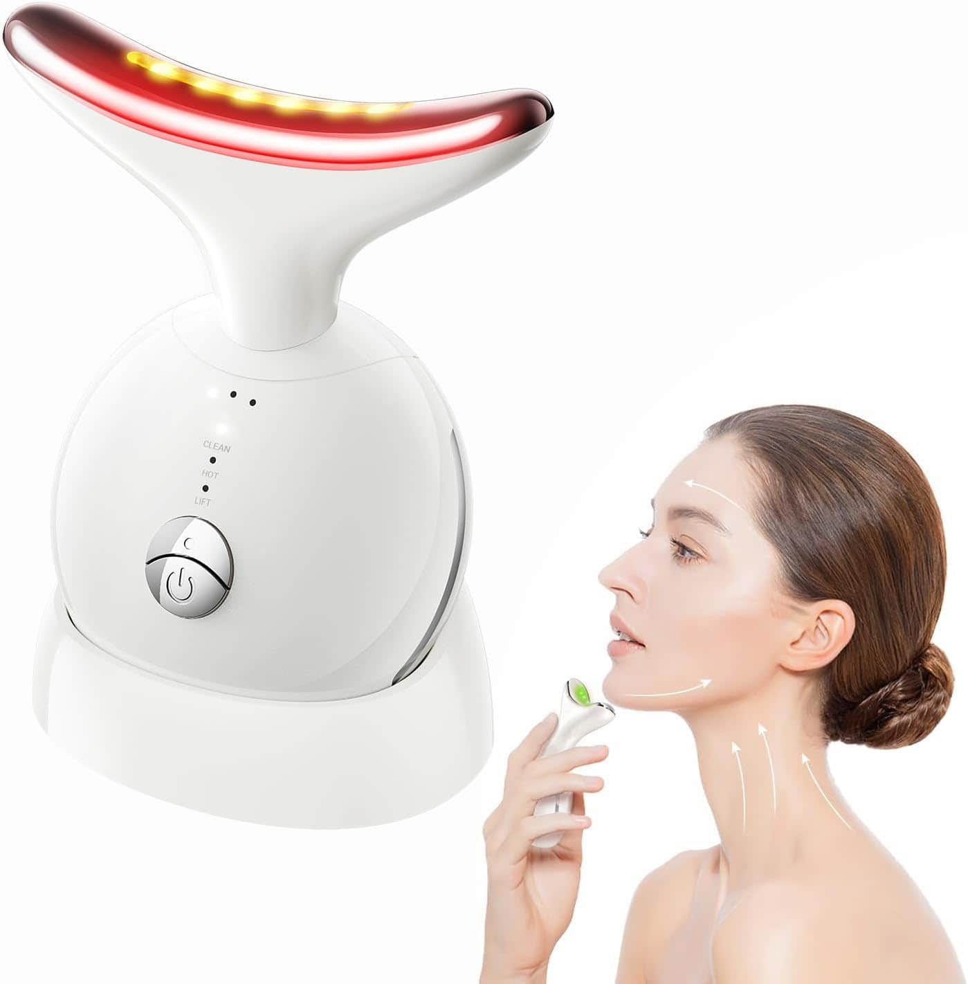A white LED facial massage device is shown next to a woman using a similar handheld device along her jawline and neck.